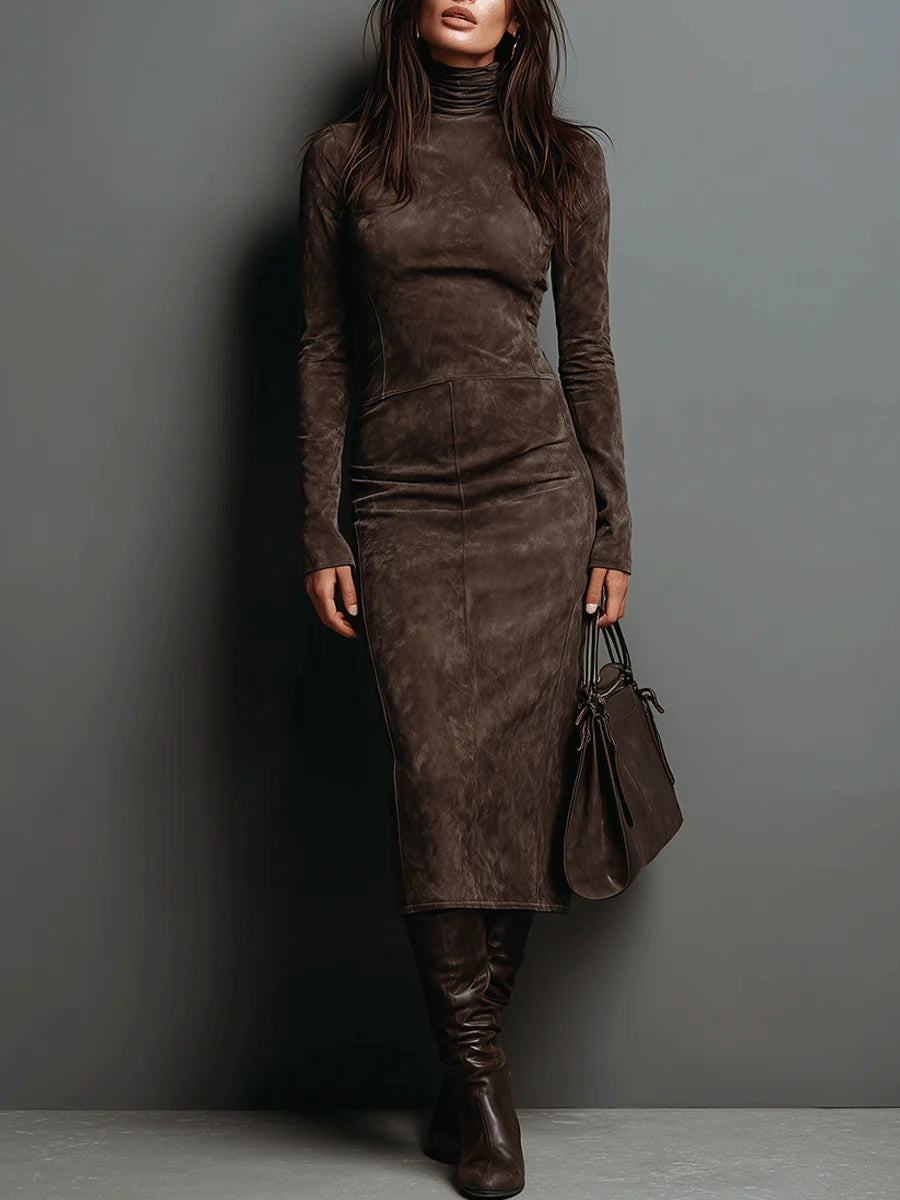 Luxurious Velvet Knee Length Dress with Long Sleeves - Lusomart