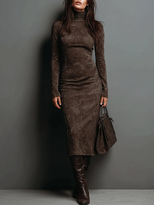 Luxurious Velvet Knee Length Dress with Long Sleeves - Lusomart