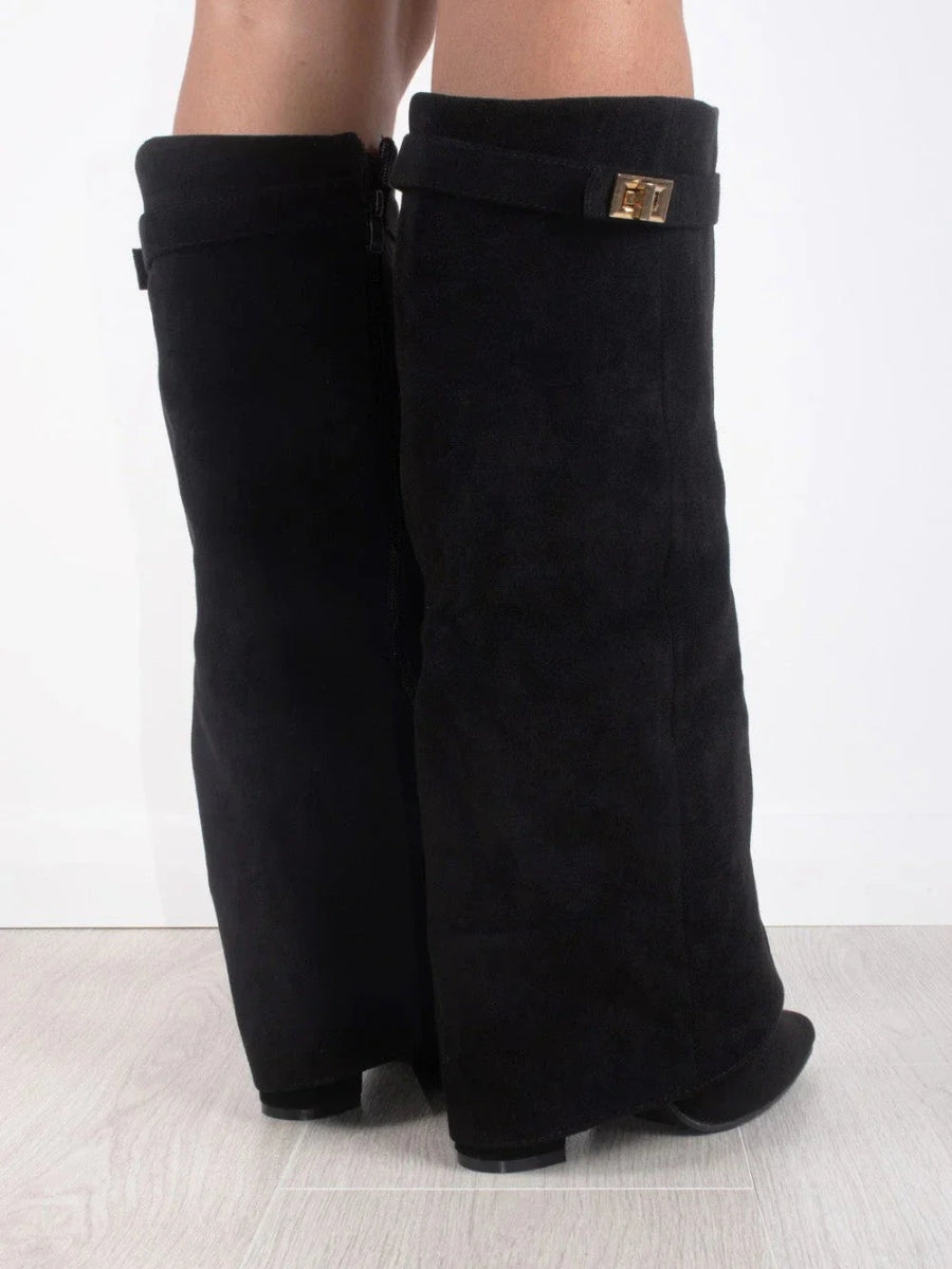 Elegant Women's Black Suede Knee High Boots with Gold Accents – Stylish and Comfortable Footwear 3