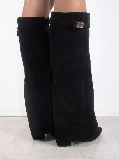 Elegant Women's Black Suede Knee High Boots with Gold Accents – Stylish and Comfortable Footwear 3
