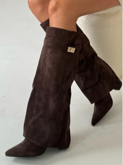 Elegant Women's Black Suede Knee High Boots with Gold Accents – Stylish and Comfortable Footwear 7