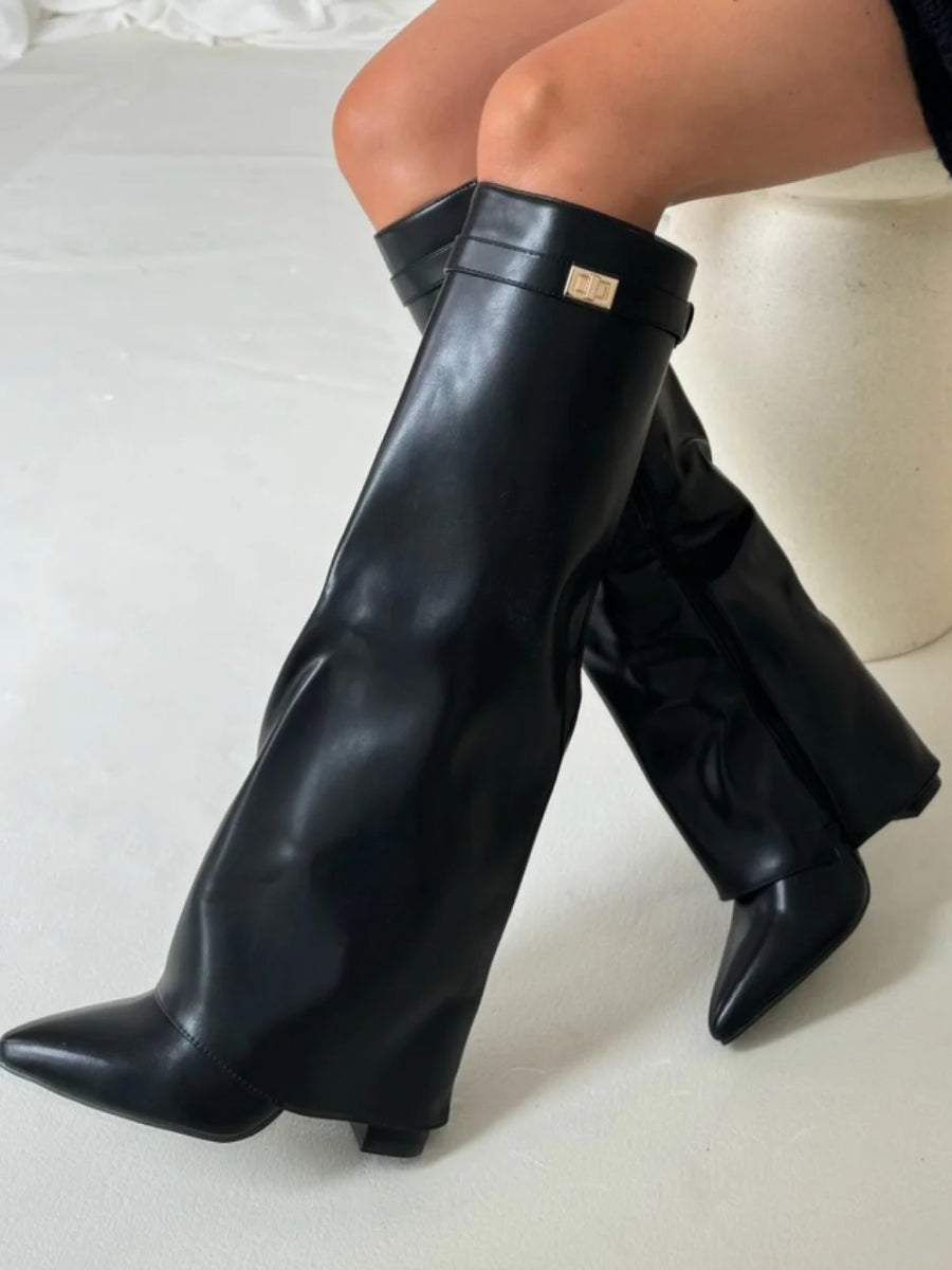 Elegant Women's Black Suede Knee High Boots with Gold Accents – Stylish and Comfortable Footwear 8