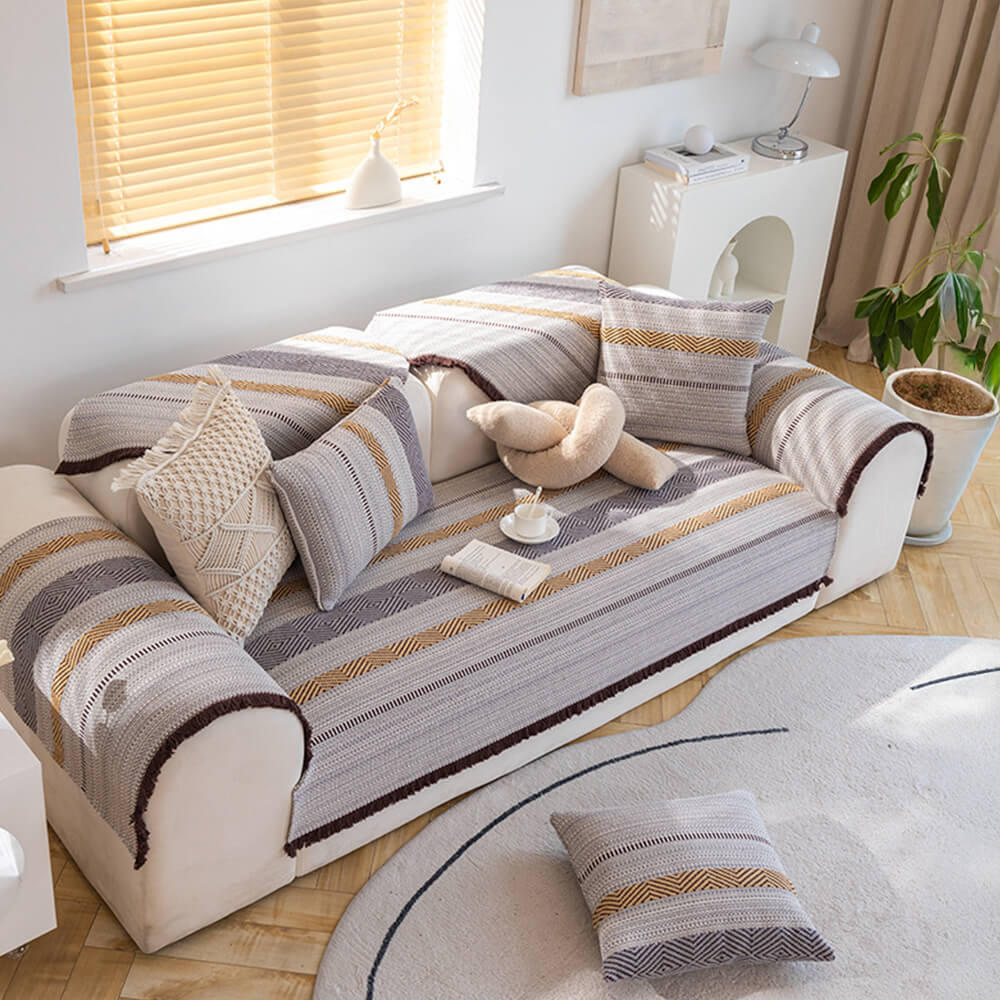 Soft Grey Cotton Sofa Slipcover 3-Seater Protector