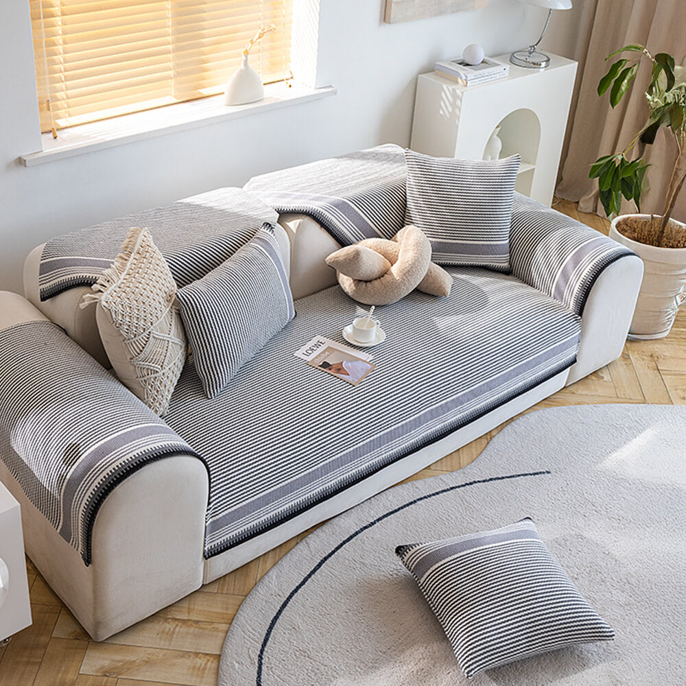 Soft Grey Cotton Sofa Slipcover 3-Seater Protector