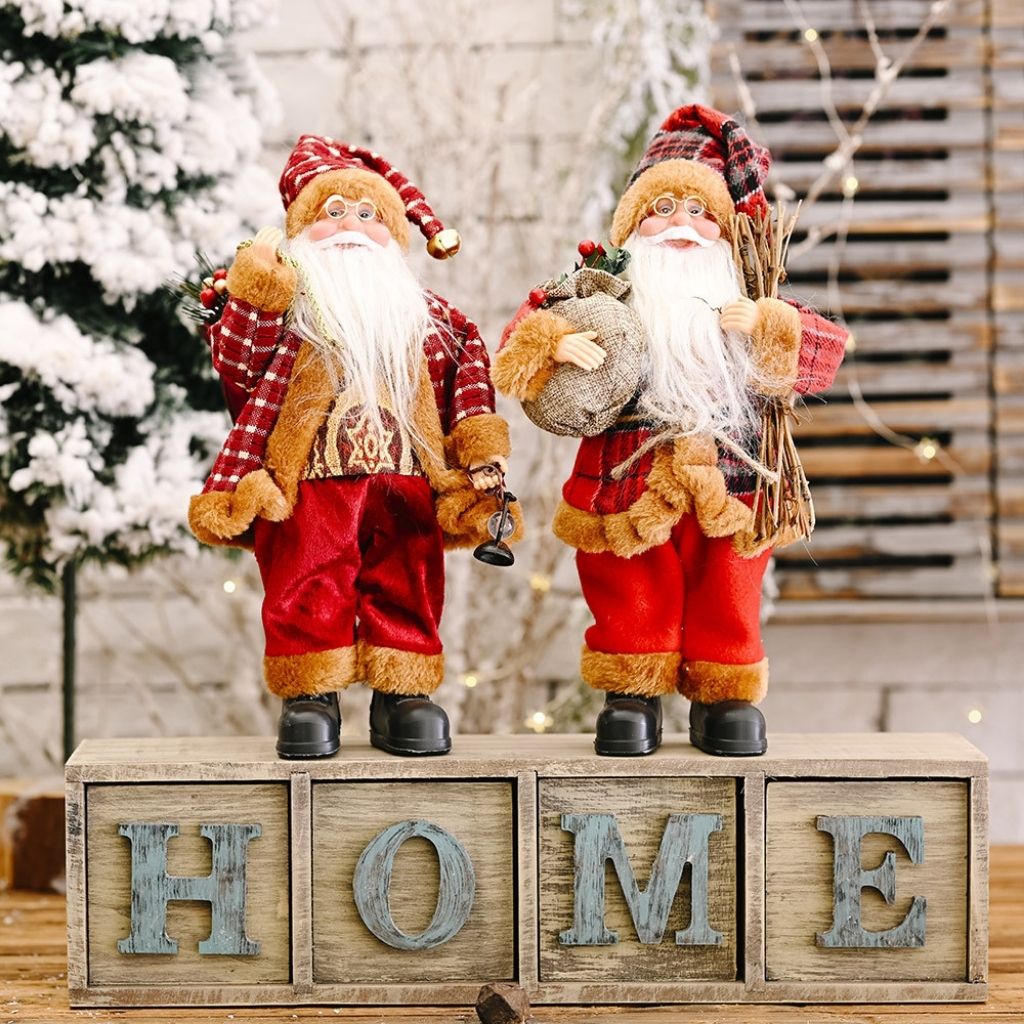 Standing holiday Santa ornament with textured clothing and white fur accents
