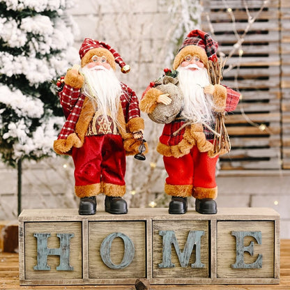 Standing holiday Santa ornament with textured clothing and white fur accents
