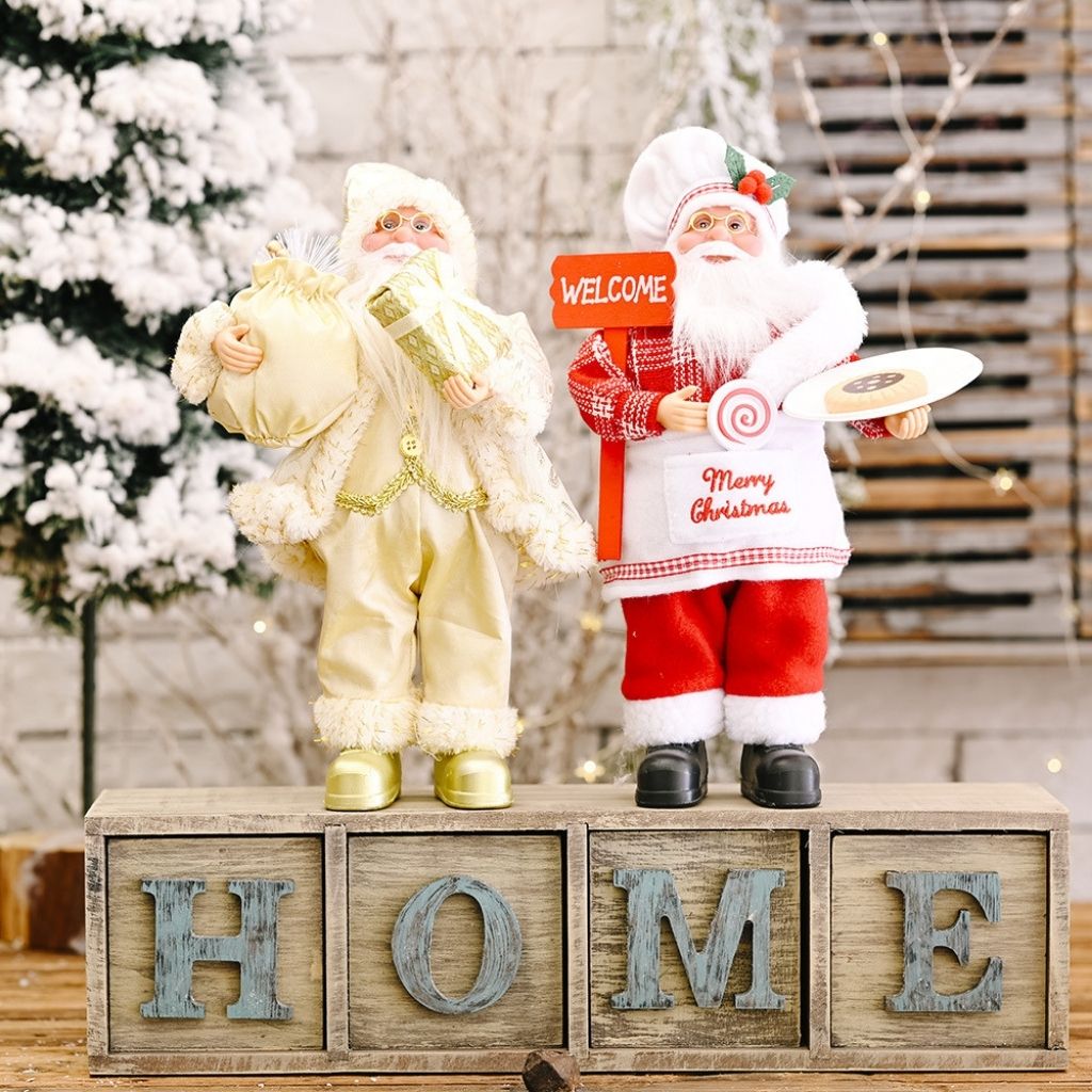 Close up Santa figurine face with detailed white beard and traditional red hat
