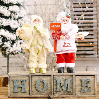 Close up Santa figurine face with detailed white beard and traditional red hat
