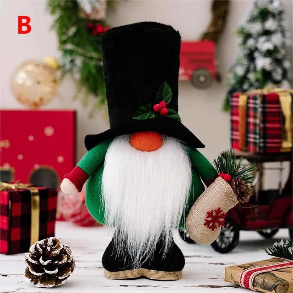 Decorative holiday gnome with stitched details and freestanding base for gifting