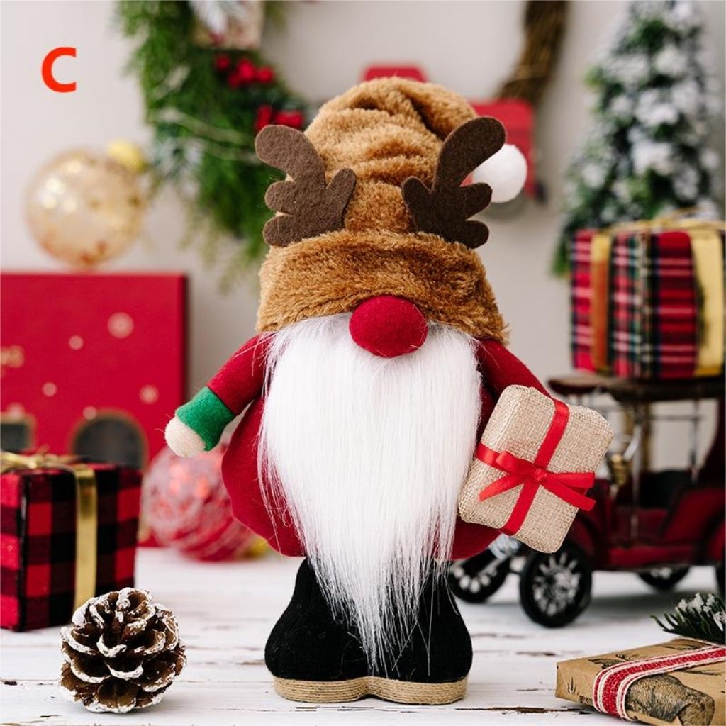 Festive standing gnome with long beard and red hat for under tree placement