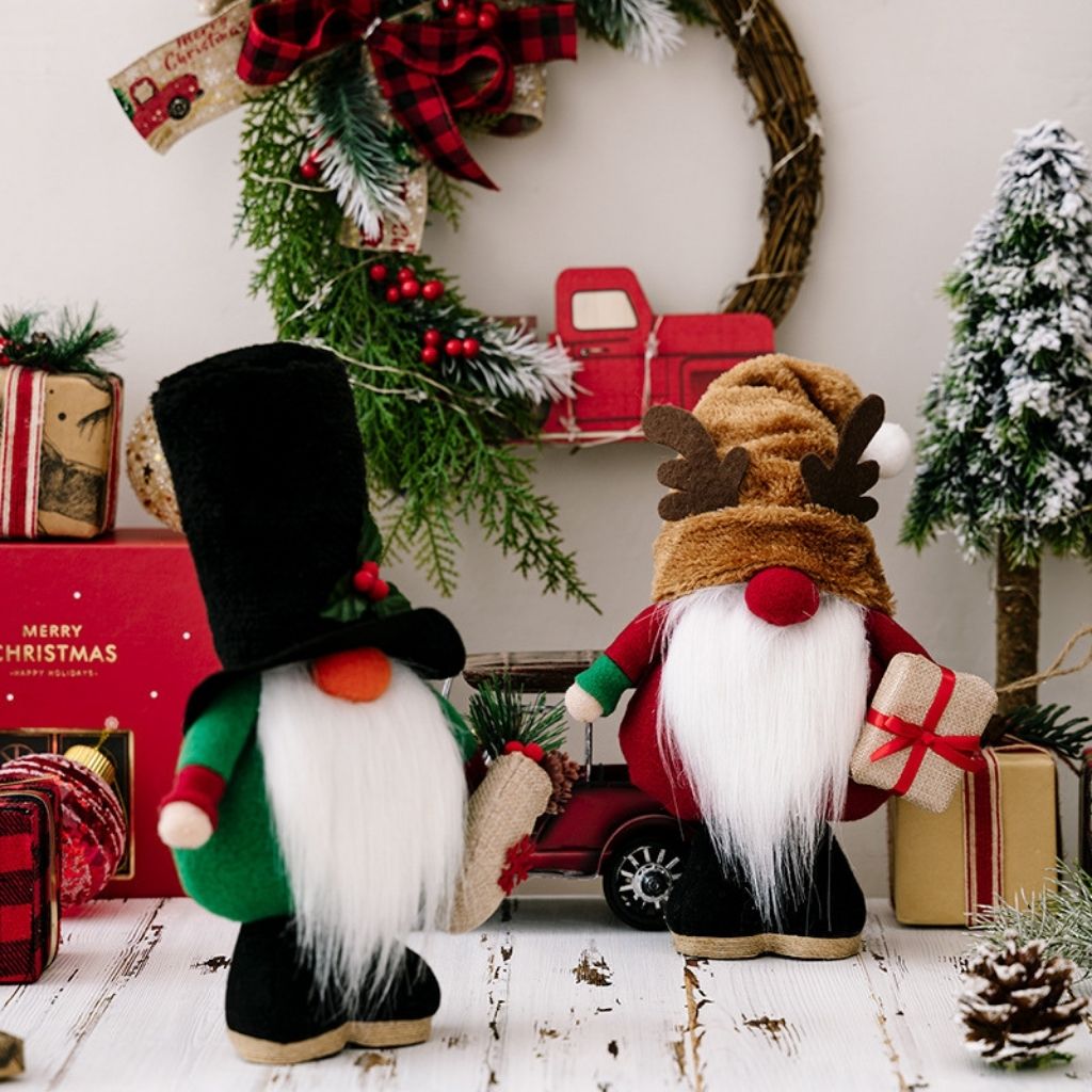 Freestanding gnome doll with red hat and polyester construction for holiday decor