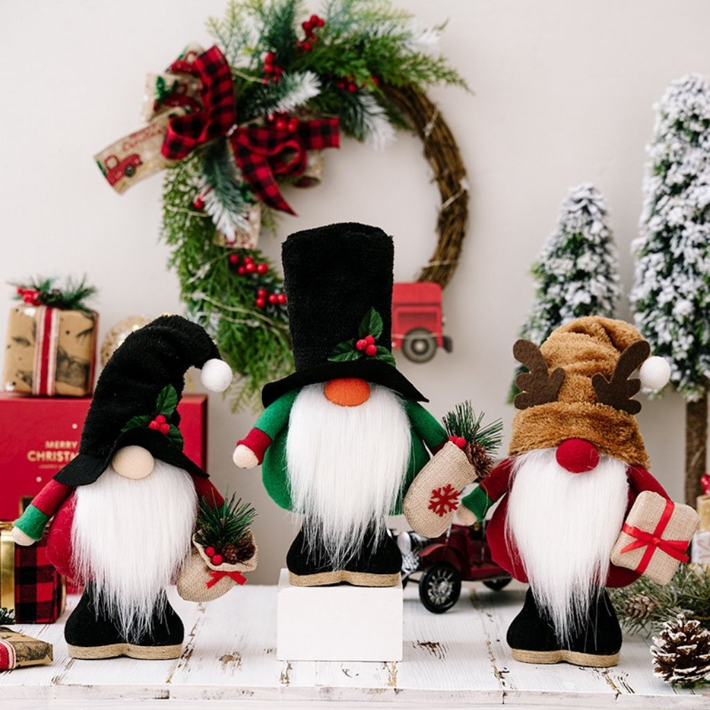 Seasonal gnome figurine with whimsical design and soft exterior for entry table