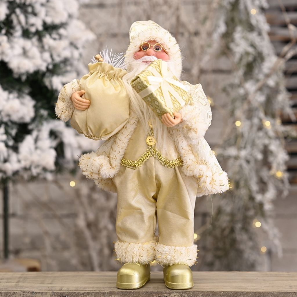 Santa figurine back view displaying red fabric coat and rustic sack accessories
