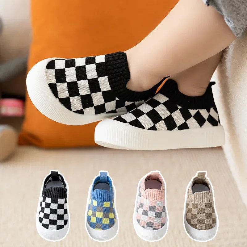 Flexible Slip-On Toddler Shoes with Non-Slip Sole and Checkered Pattern - Comfy Slip-On Kicks