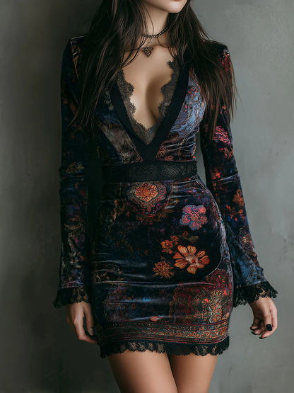 Chic Velvet Mini Dress with Lace Trim - Lusomart