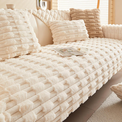 Soft Fleece Striped Sofa Slipcover - Anti-Slip Couch Cover