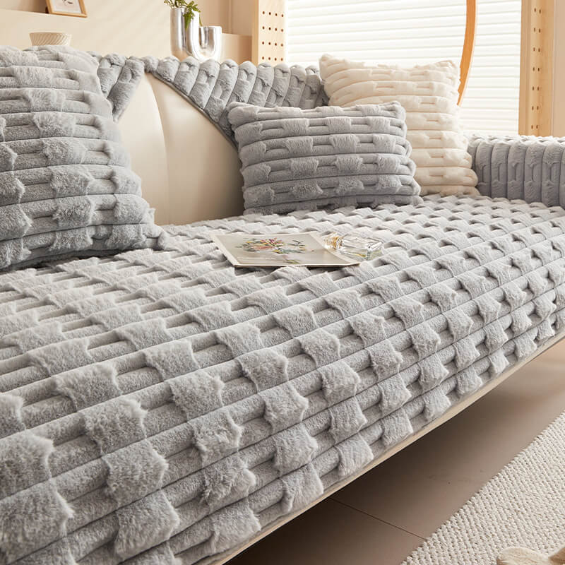 Soft Fleece Striped Sofa Slipcover - Anti-Slip Couch Cover
