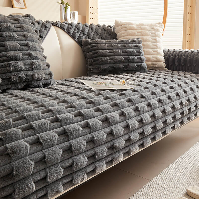 Soft Fleece Striped Sofa Slipcover - Anti-Slip Couch Cover