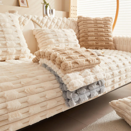 Soft Fleece Striped Sofa Slipcover - Anti-Slip Couch Cover - Lusomart