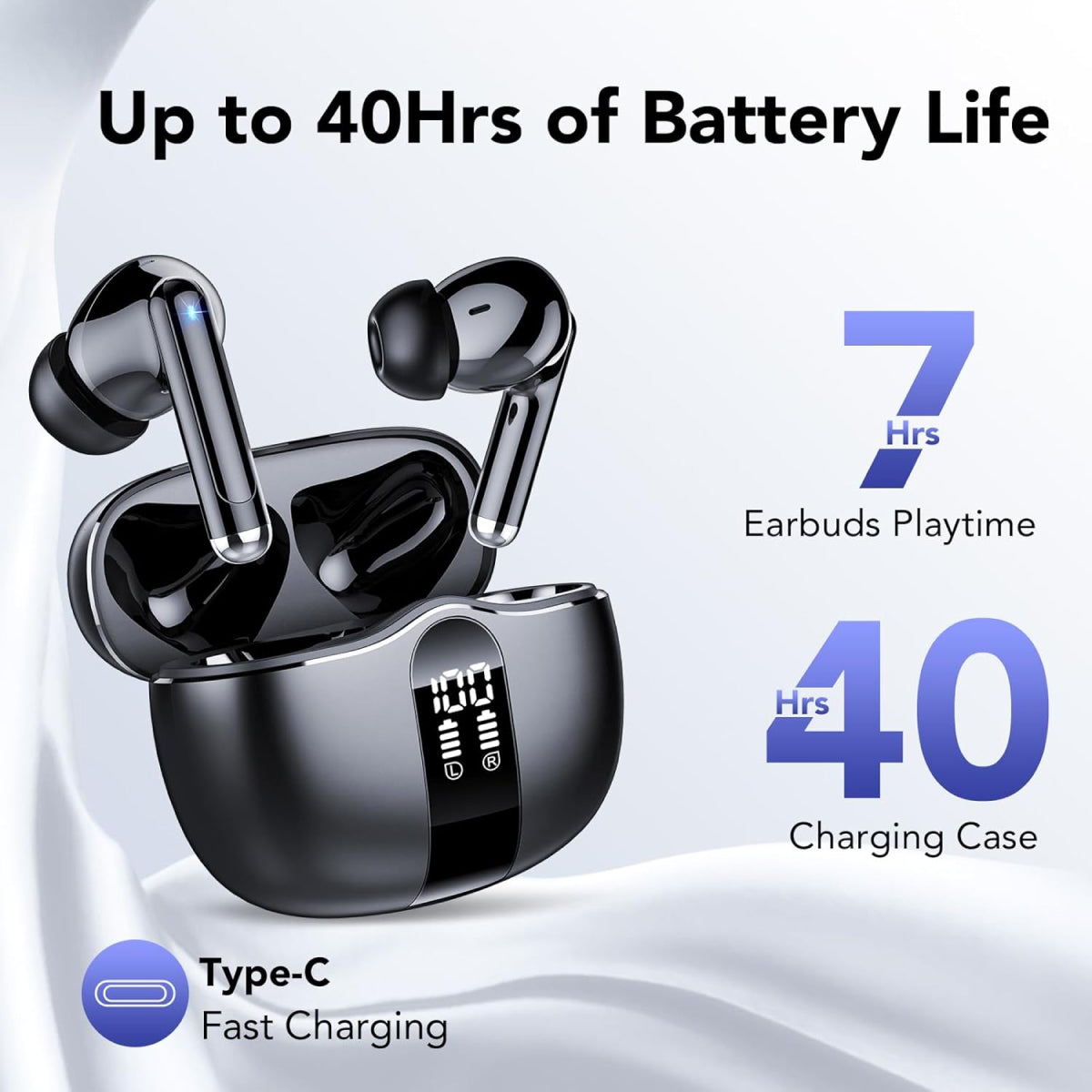 Wireless Bluetooth Earbuds, Long Lasting 52H Battery Life