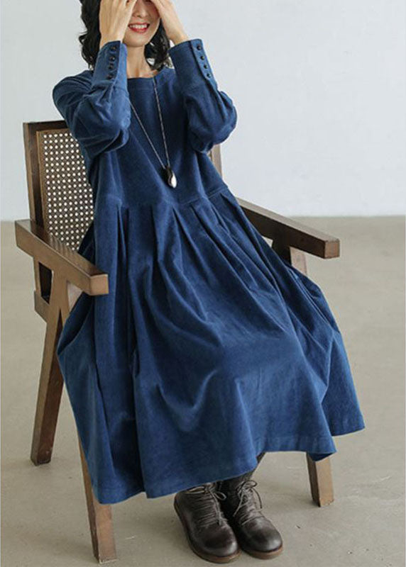Navy Plus Size Corduroy A-Line Dress With Pockets - Lusomart