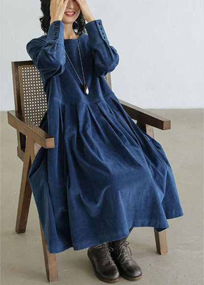 Navy Plus Size Corduroy A-Line Dress With Pockets - Lusomart