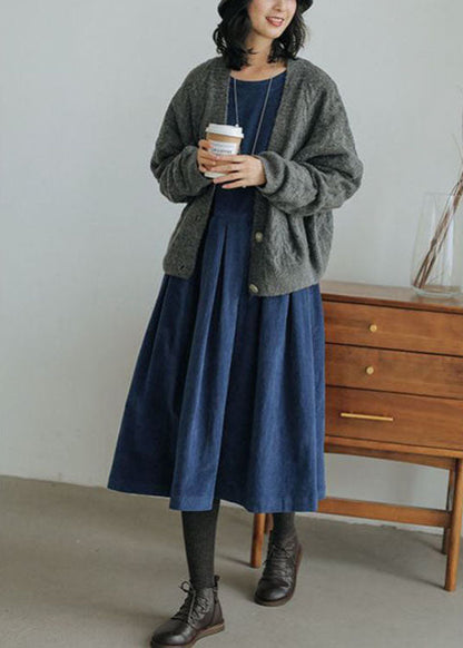 Navy Plus Size Corduroy A-Line Dress With Pockets