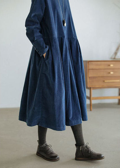 Navy Plus Size Corduroy A-Line Dress With Pockets