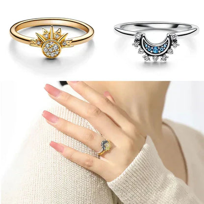 Glamorous Crystal Moon Sun Silver Cocktail Ring