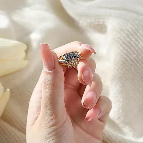 Glamorous Crystal Moon Sun Silver Cocktail Ring