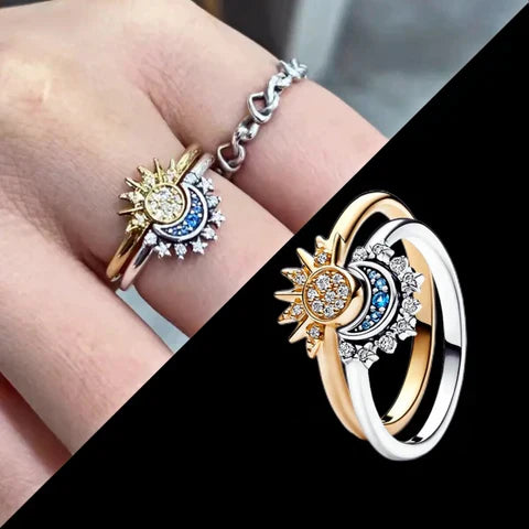 Glamorous Crystal Moon Sun Silver Cocktail Ring