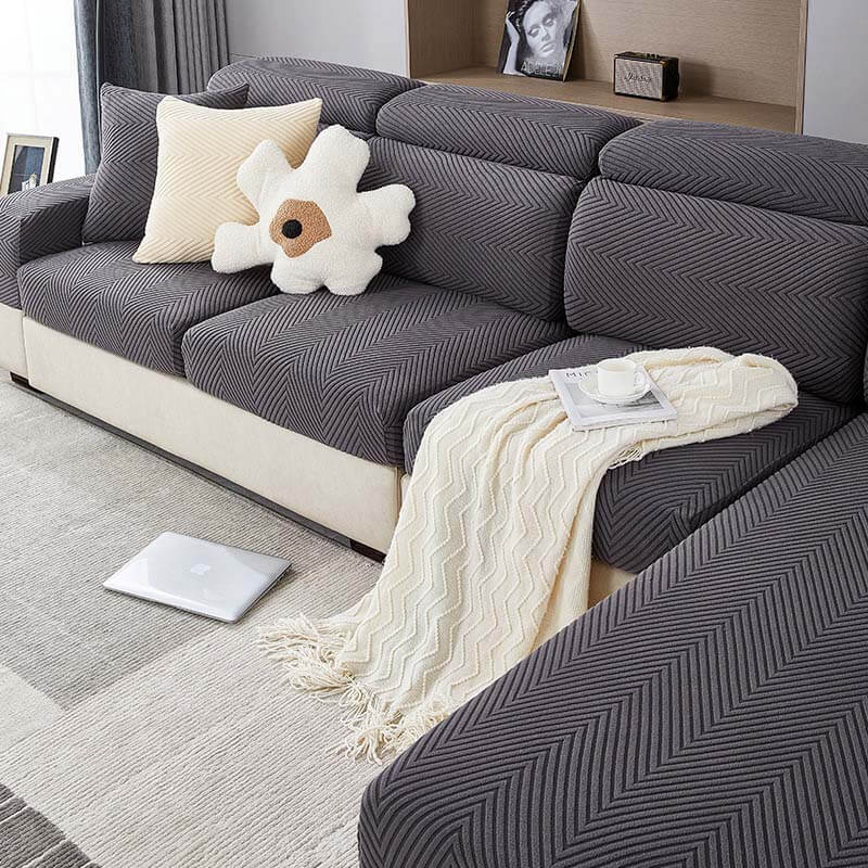 Plush Fitted Chenille Sofa Slipcover in Herringbone Pattern - Lusomart
