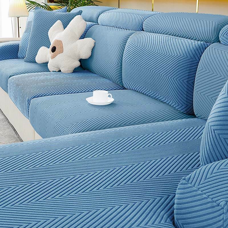 Plush Fitted Chenille Sofa Slipcover in Herringbone Pattern