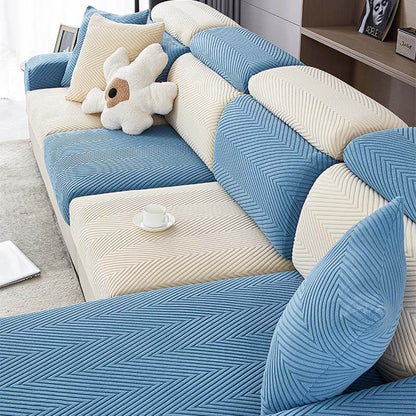 Plush Fitted Chenille Sofa Slipcover in Herringbone Pattern
