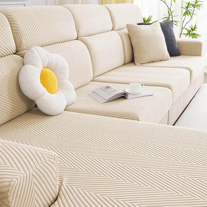 Plush Fitted Chenille Sofa Slipcover in Herringbone Pattern