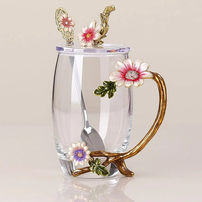  Premium glass tea cup featuring artistic flower painting and luxurious gold handle