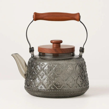 Transparent glass teapot wooden handle elegant tea brewing kettle kitchen accessories