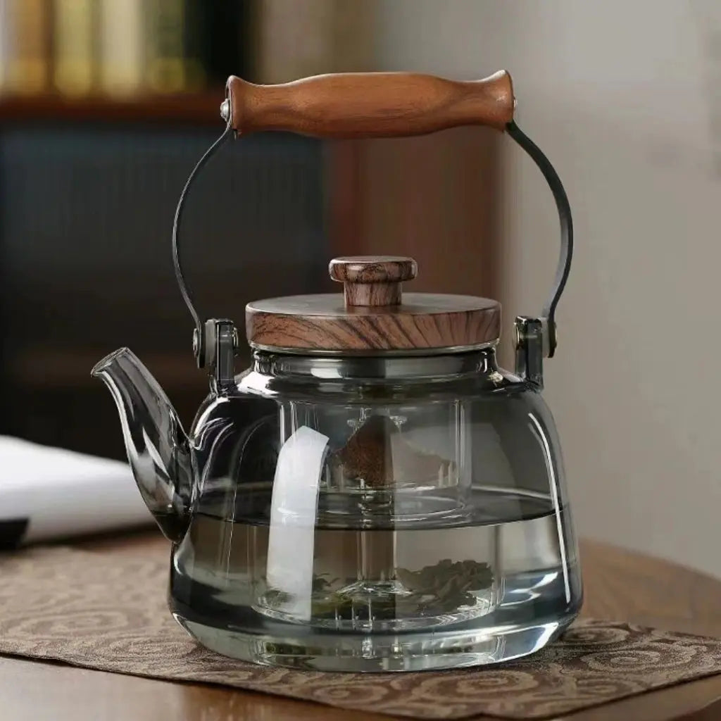 Glass tea kettle ergonomic wooden handle 1000ml transparent home brewing for tea lovers