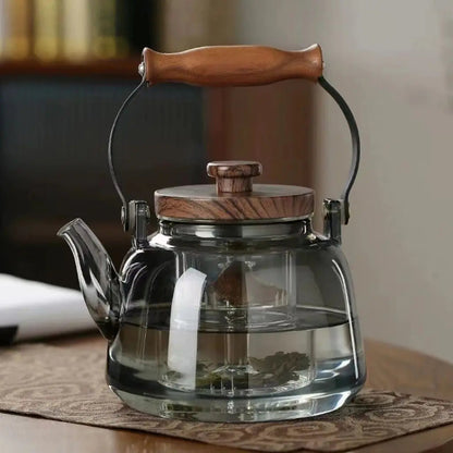 Glass tea kettle ergonomic wooden handle 1000ml transparent home brewing for tea lovers