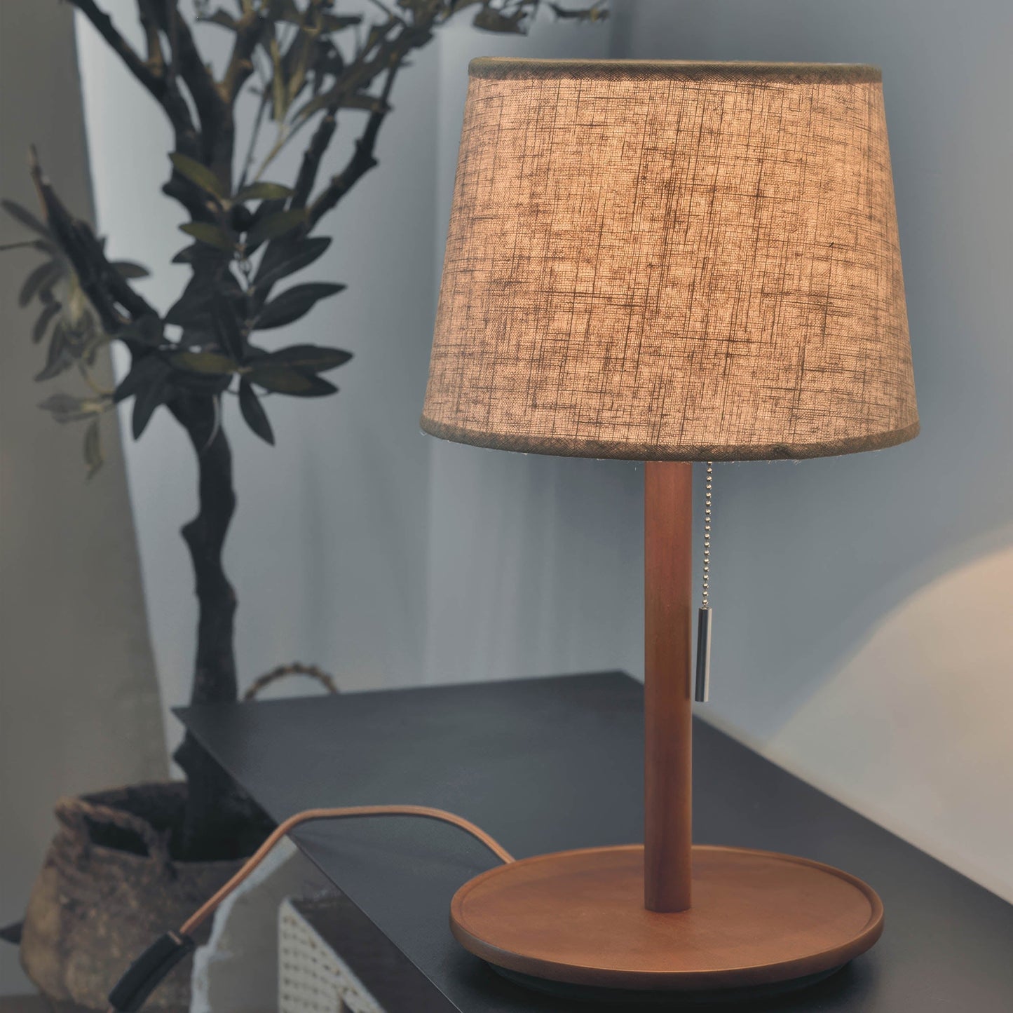Brown Wooden Fabric Shade Table Lamp