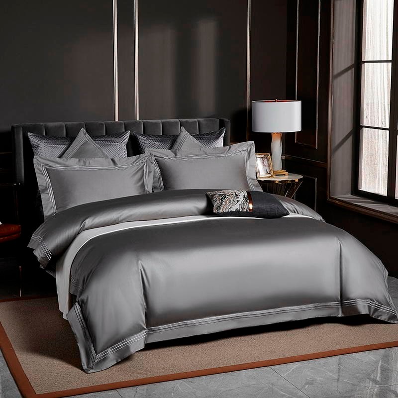 Soft Grey Egyptian Cotton Bedding Set With Lace Trim