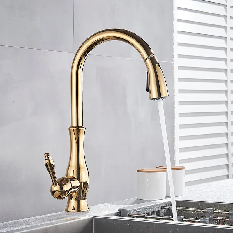 Luxury Brushed Gold Kitchen Faucet With Spray Nozzle