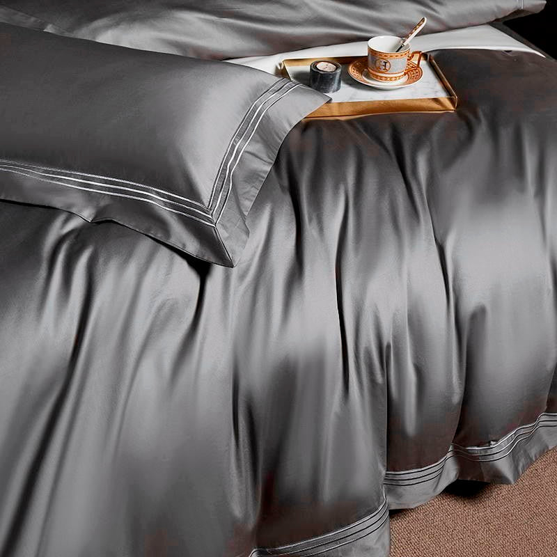 Soft Grey Egyptian Cotton Bedding Set With Lace Trim