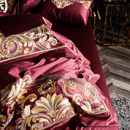 Luxurious Red Embroidered Cotton Bed Set