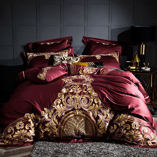 Luxurious Red Embroidered Cotton Bed Set - Lusomart