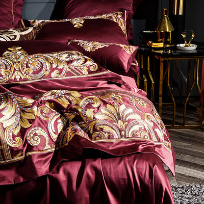 Luxurious Red Embroidered Cotton Bed Set