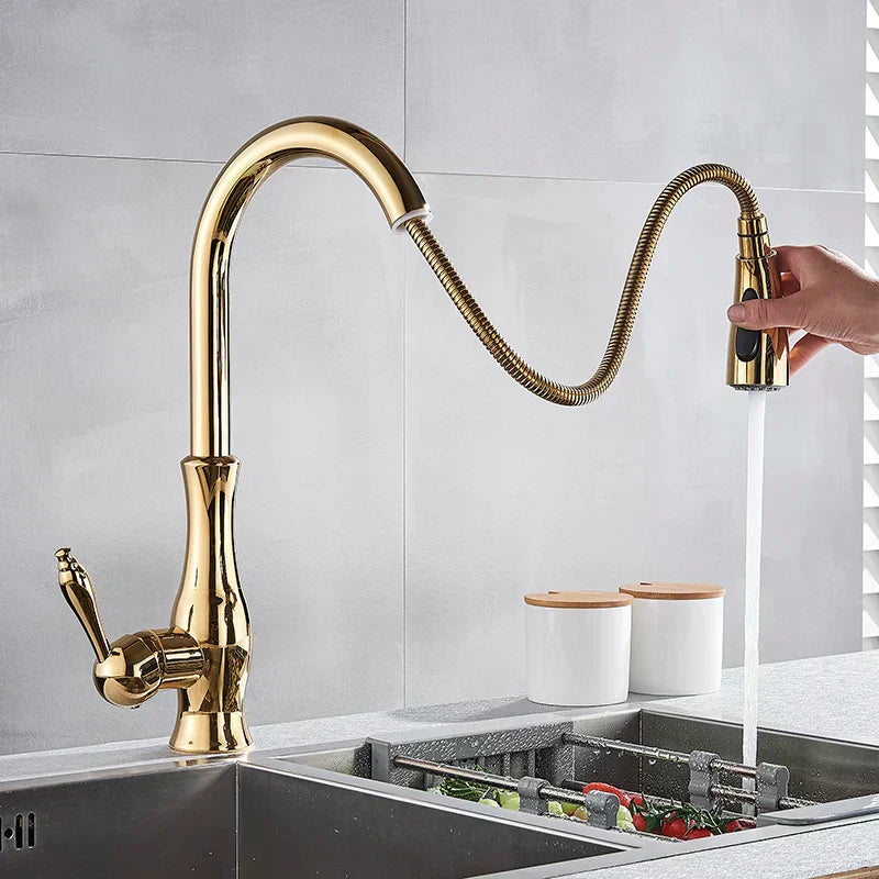 Luxury Brushed Gold Kitchen Faucet With Spray Nozzle