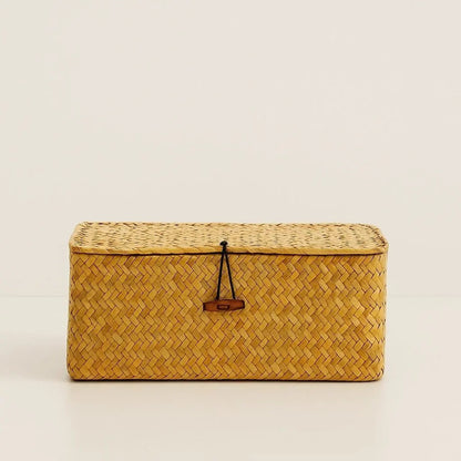Handmade seaweed storage basket rectangular woven design with secure lid for home organization 