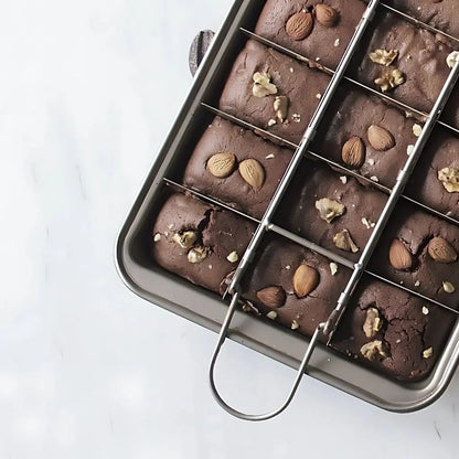 Close-up of carbon steel brownie pan with Teflon nonstick coating for even baking and easy cleanup