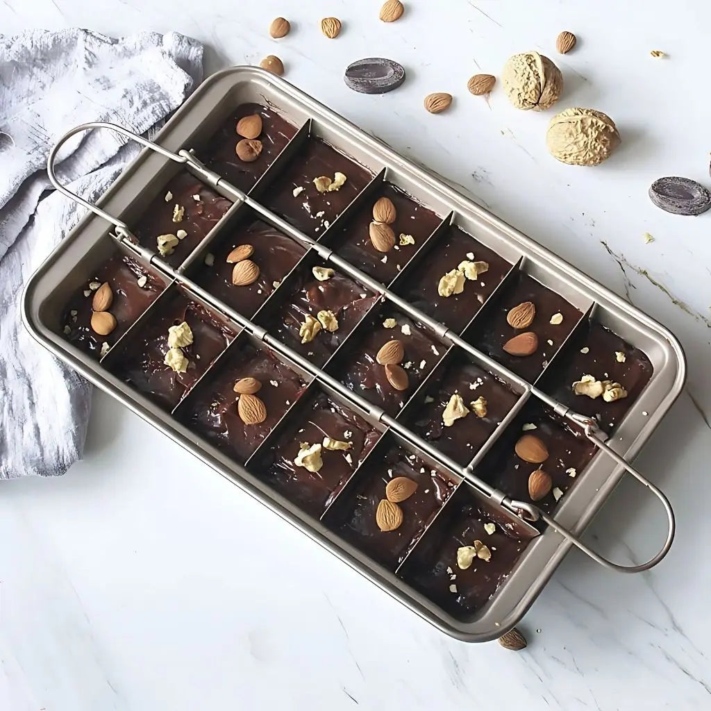  Close-up of carbon steel brownie pan with Teflon nonstick coating for even baking and easy cleanup